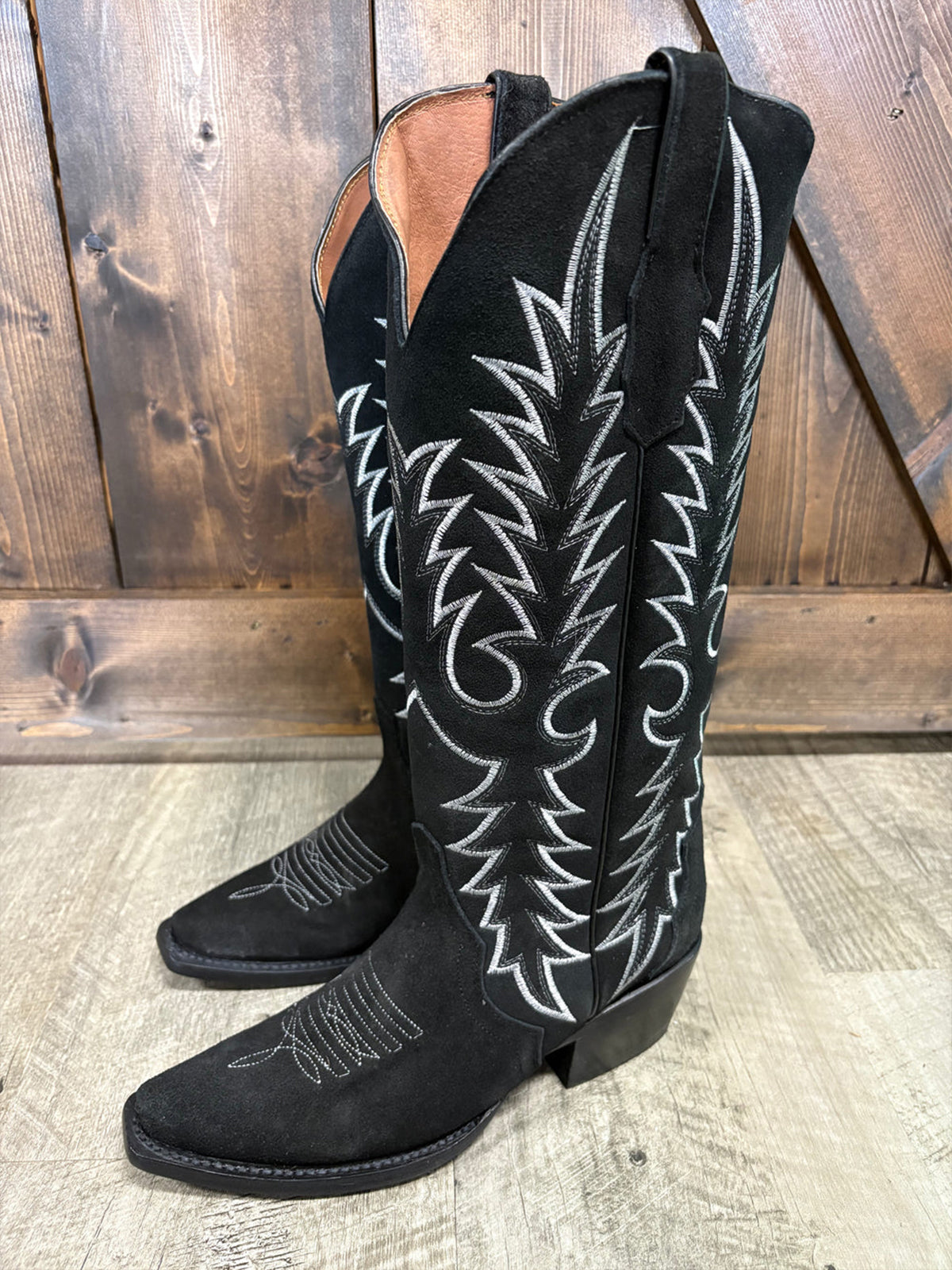 Black Faux Suede Snip-Toe Classic Embroidery Wide Calf Knee High Cowgirl Boots