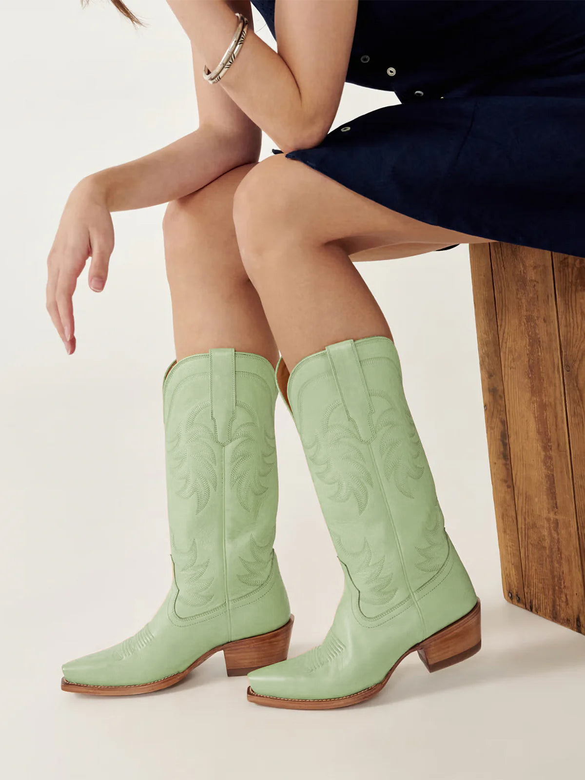 Grass Green Snip-Toe Embroidery Wide Calf Knee High Cowgirl Boots