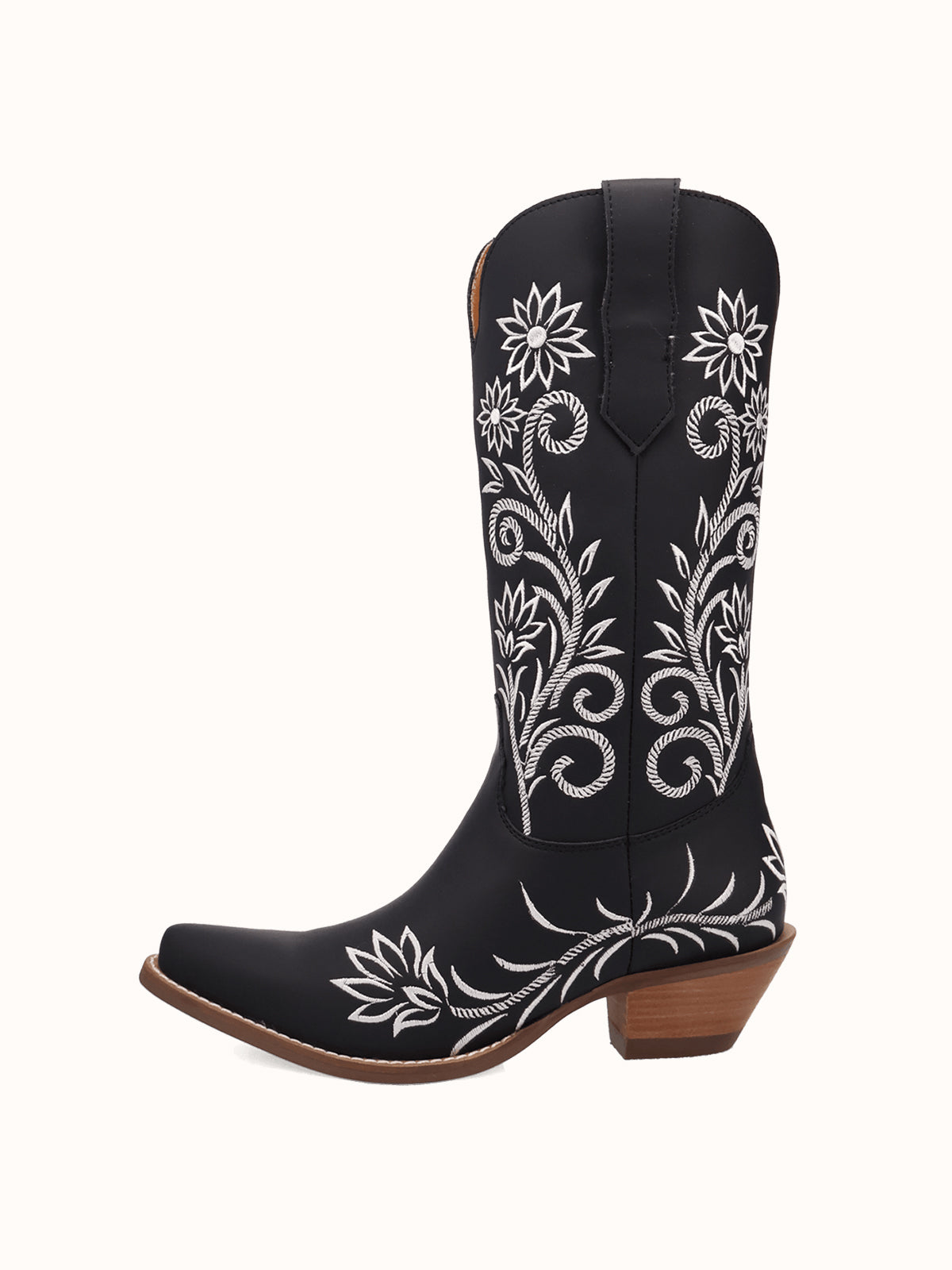Black Snip-Toe White Flowers Embroidery Chic Mid Calf Cowgirl Boots