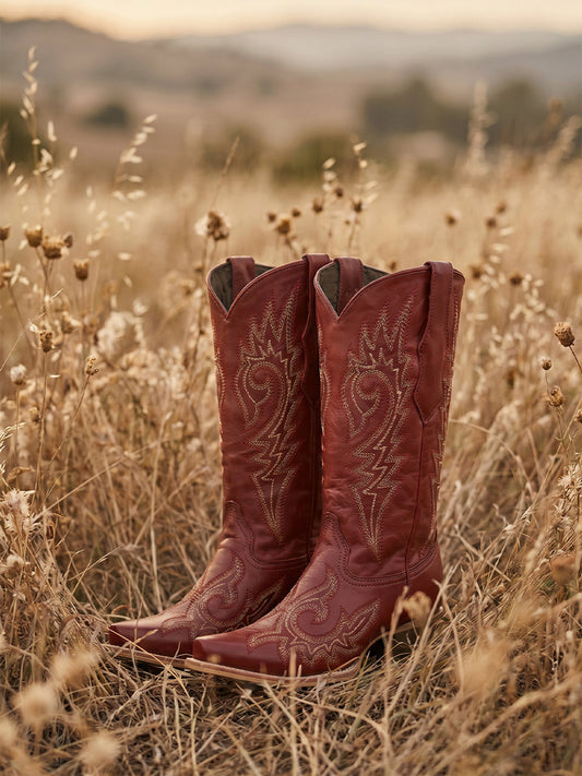 Flames Embroidery Snip-Toe Sleek Mid Calf Cowgirl Boots - Red
