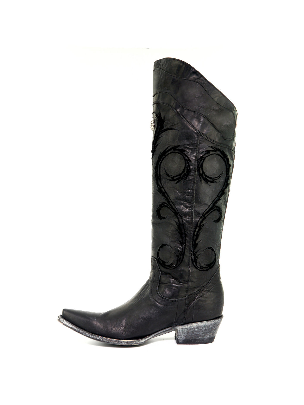 Black Snip-Toe Chic Embroidery Wide Calf Knee High Cowgirl Boots