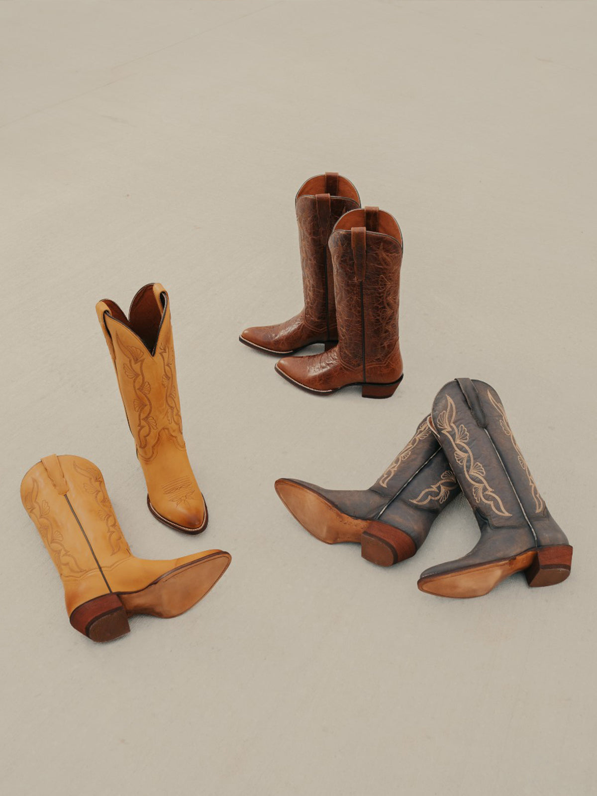 Mustard Yellow Almond-Toe Fan-Shaped Embroidery Wide Knee High Cowgirl Boots