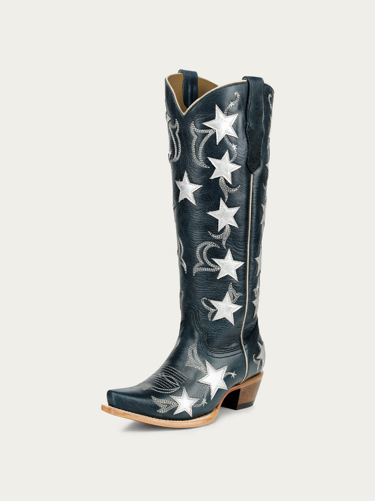 Navy Snip-Toe Chic Star Inlay With Embroidery Wide Calf Knee High Cowgirl Boots