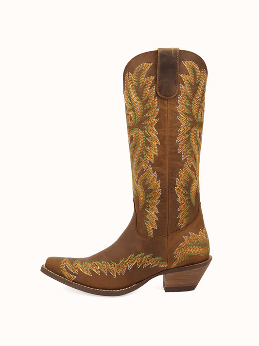 Brown Snip-Toe Chic Flame Embroidery Sleek Mid Calf Cowgirl Boots