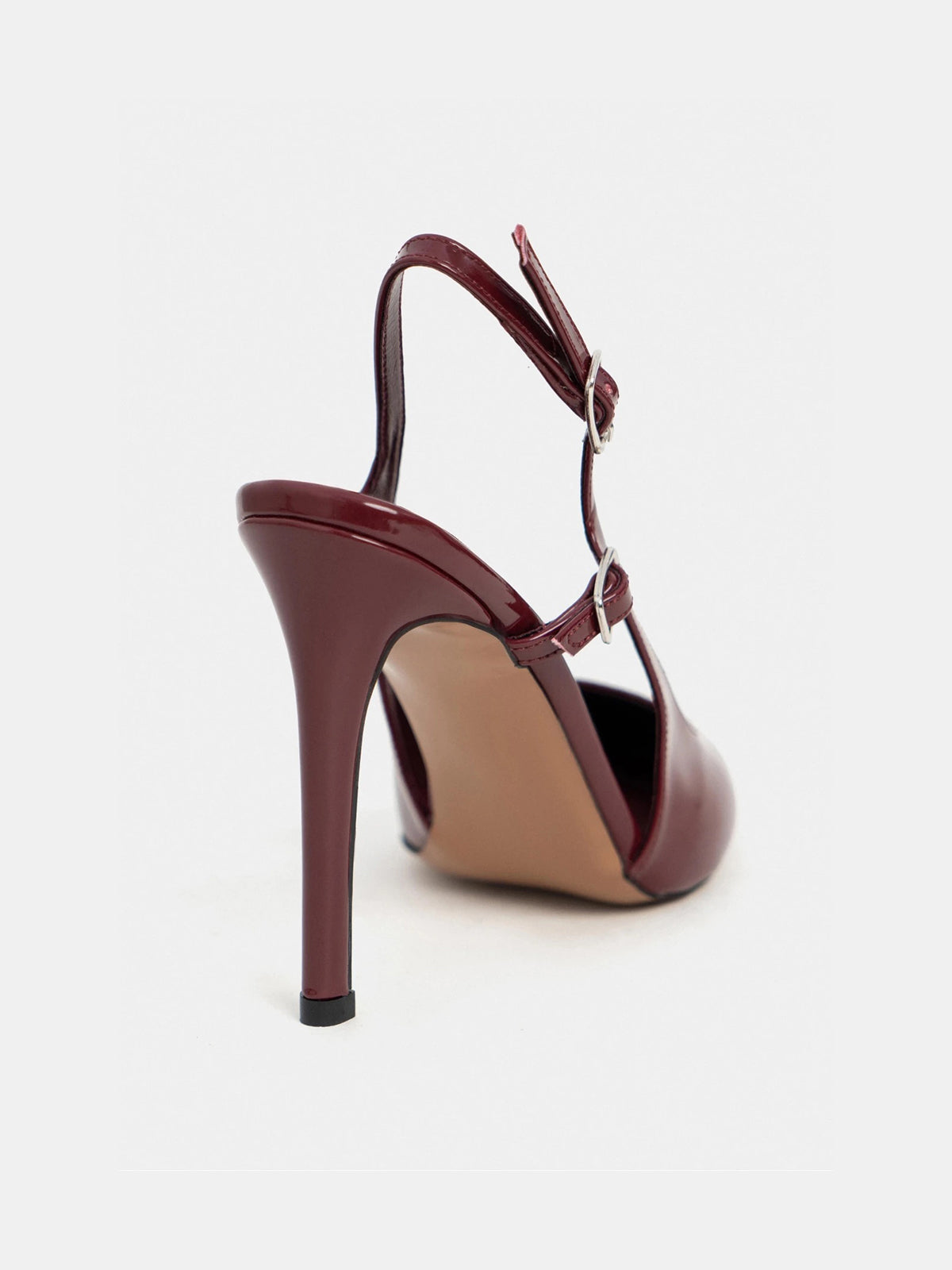 Patent Leather Pointed-Toe Buckle Back Strap Chic High Heels - Burgundy