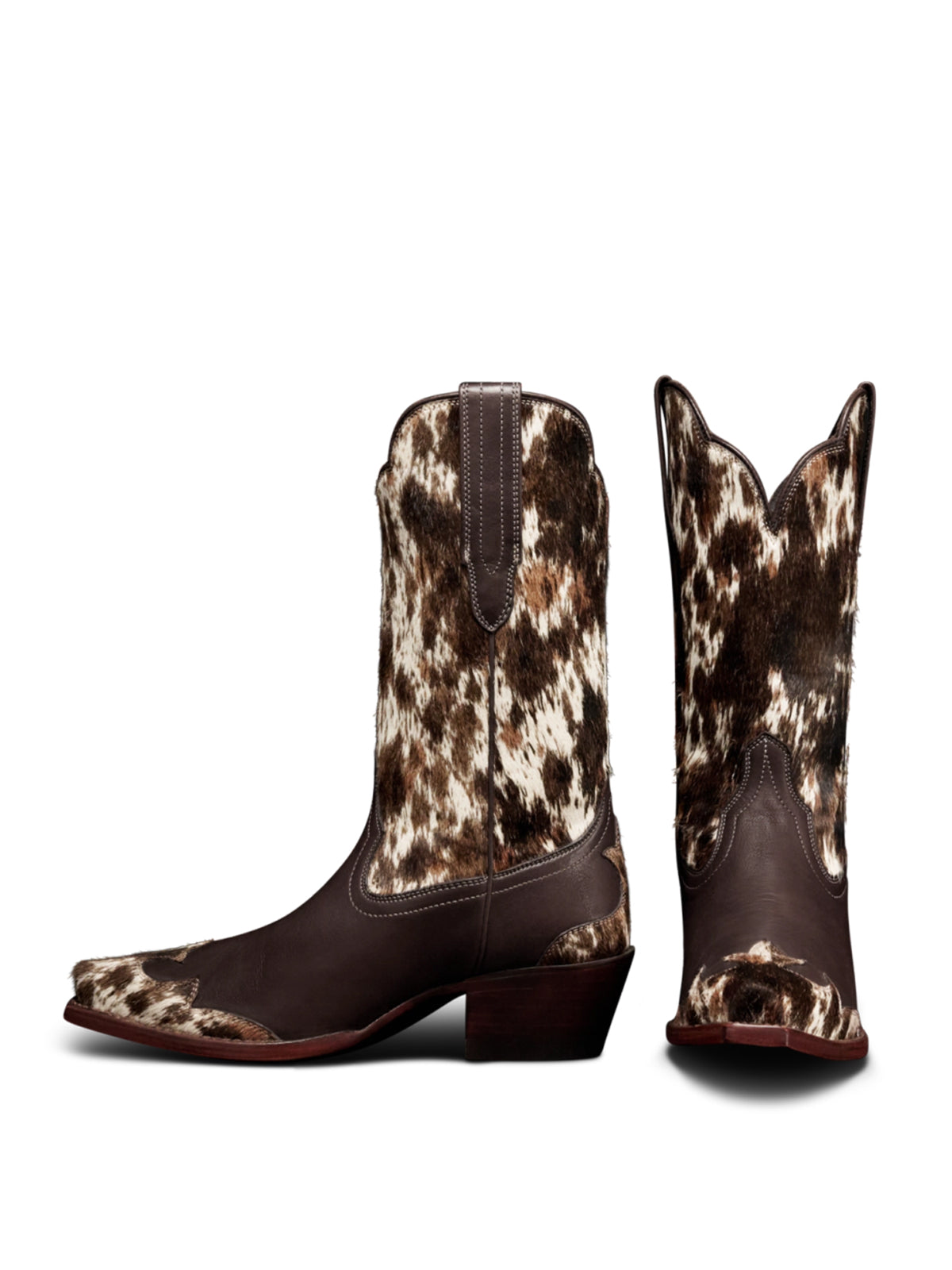 Brown Cowhide-Patterned Horsehair Snip-Toe Mid Calf Cowgirl Boots