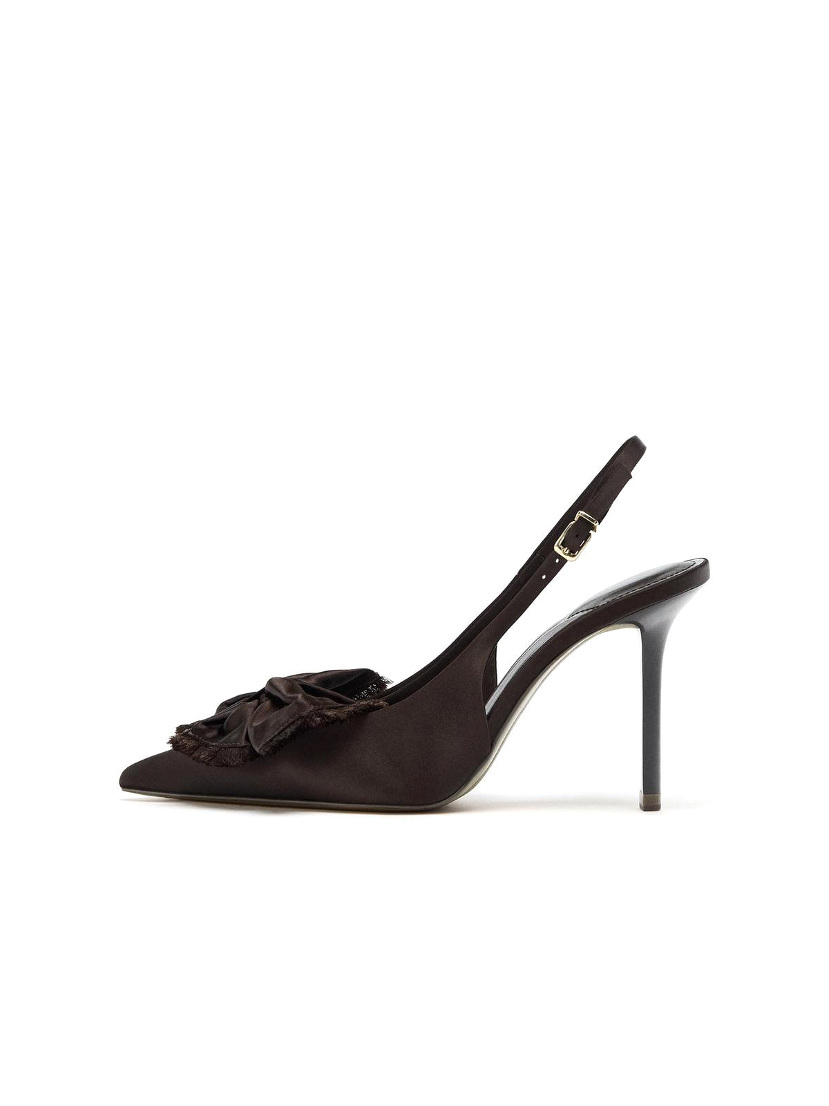 Brown Satin Pointed-Toe Big Front Bow Slingback High Heels