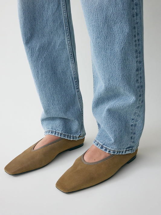 Brown Faux Suede Square-Toe Simple Slip-On Ballet Flats