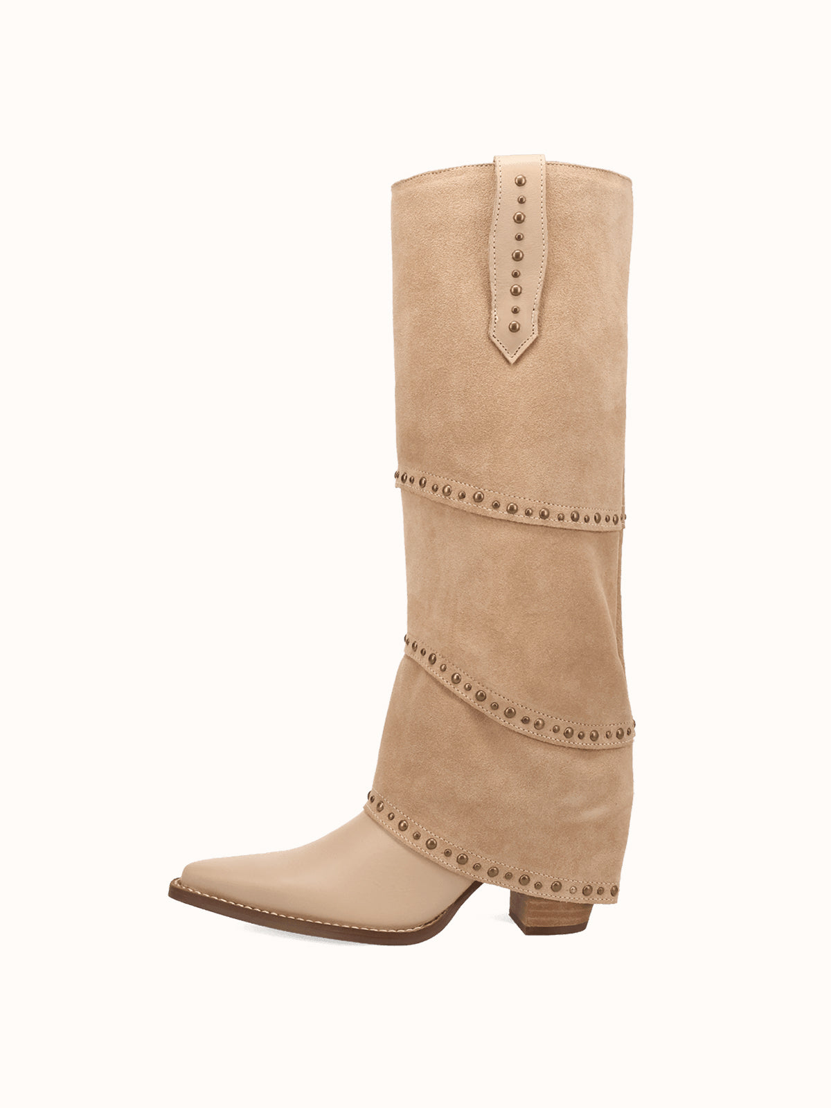 Sand Snip-Toe Faux Suede Fold-Over With Studs Wide Calf Knee High Cowgirl Boots
