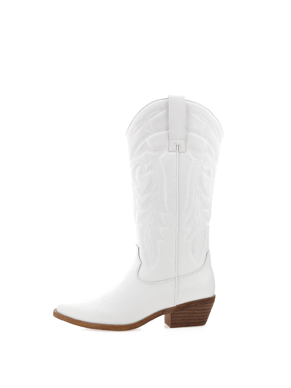 White Pointed-Toe Embroidery Western Mid Calf Cowgirl Boots