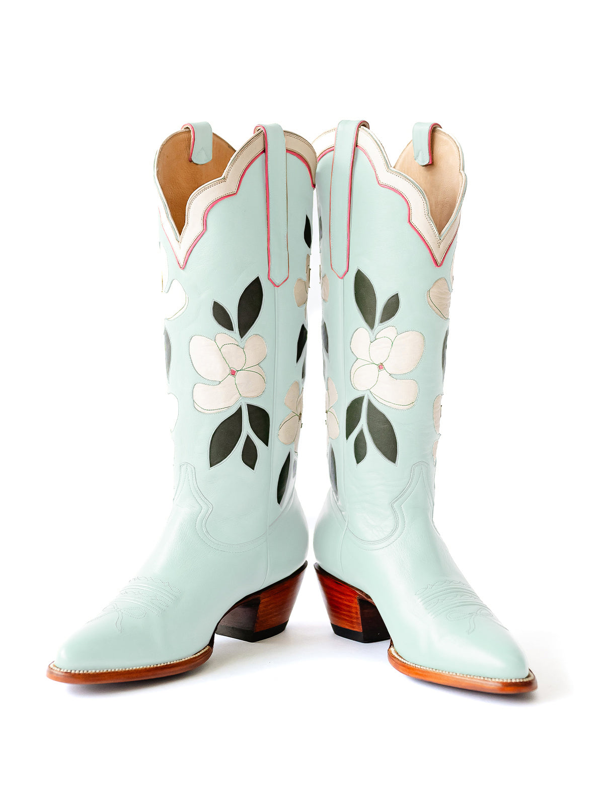 Mint Blue Almond-Toe White Flower Inlay Wide Calf Knee High Cowgirl Boots