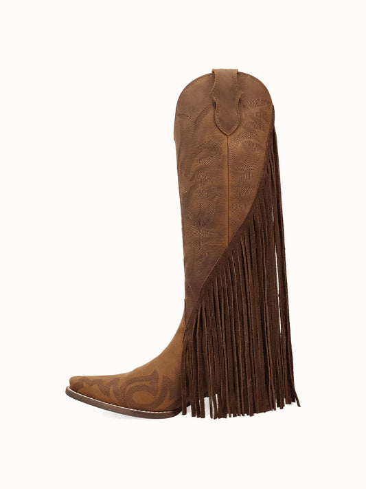 Brown Snip-Toe Faux Suede Side Fringe Embroidery Wide Calf Knee High Cowgirl Boots