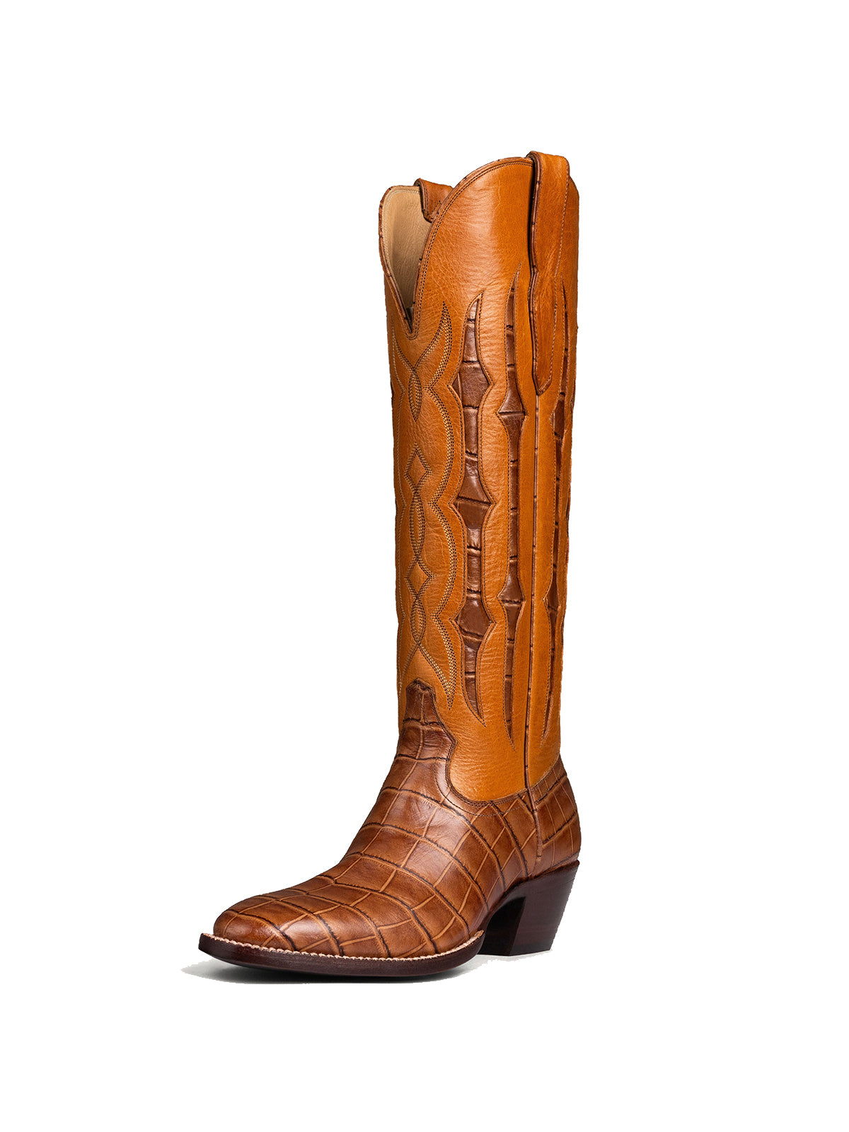 Maroon Contrast Crocodile Print Inlay Stitch Almond-Toe Wide Knee High Western Cowgirl Boots
