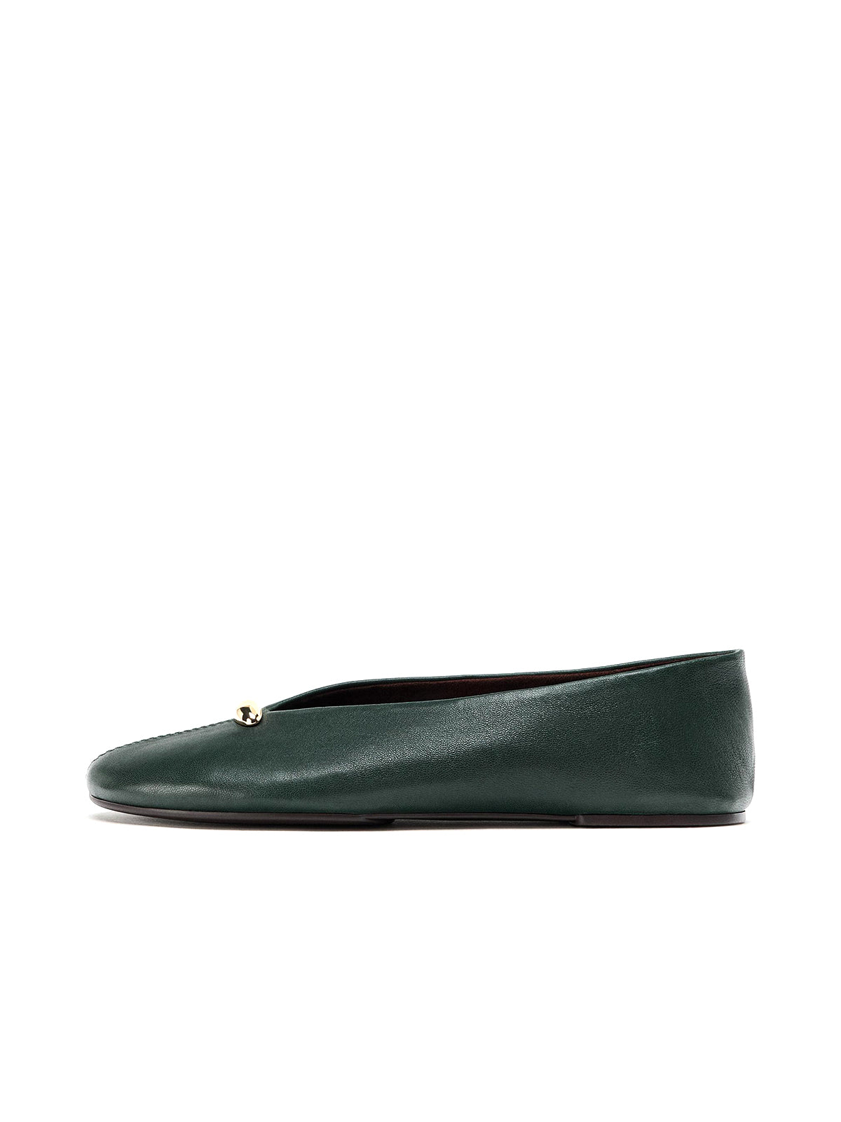 Green Round-Toe V-Cut Vamp Front Metal Block Flats