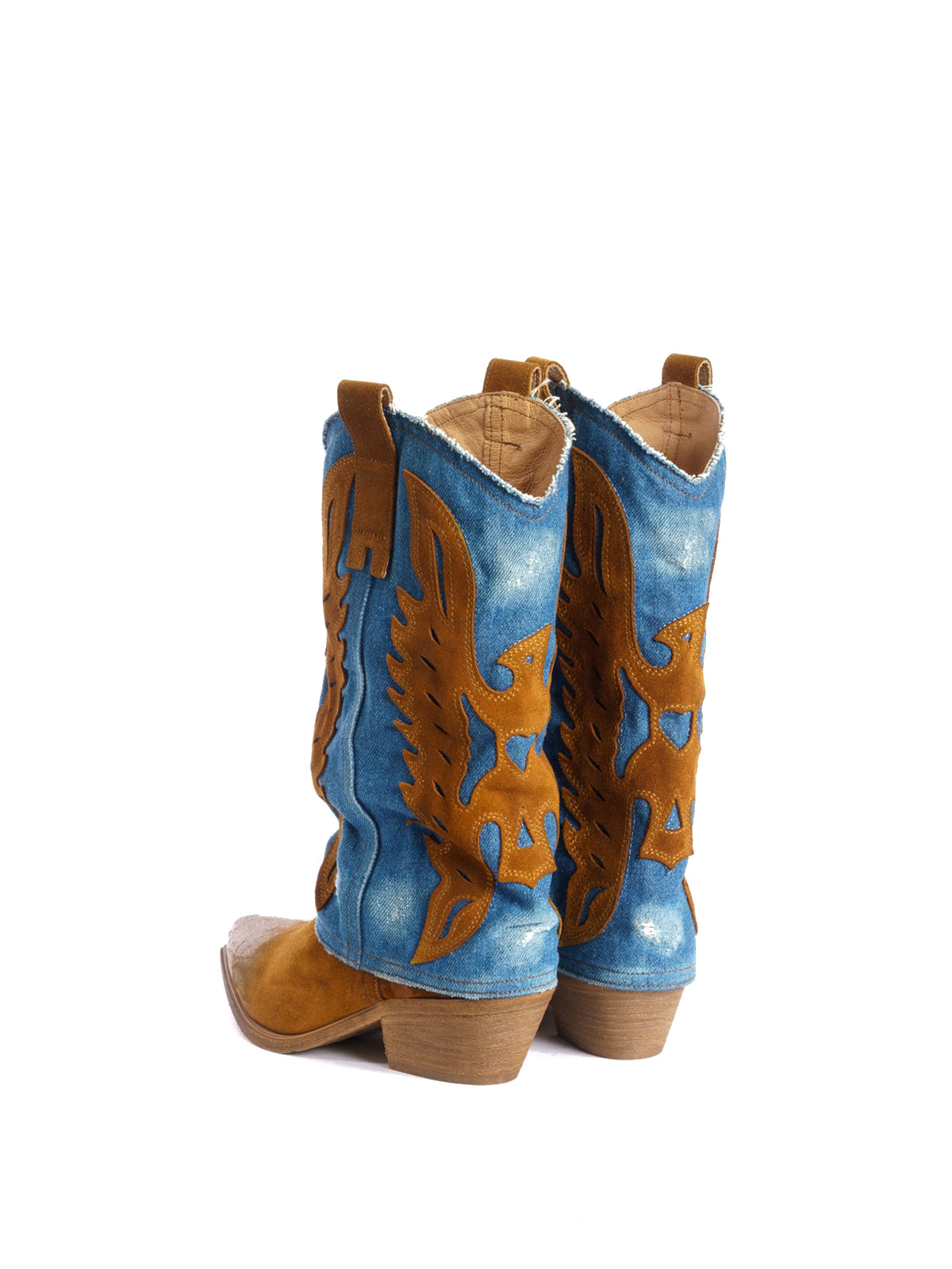 Brown Snip-Toe Eagle Applique Blue Denim Fold-Over Mid Calf Cowgirl Boots
