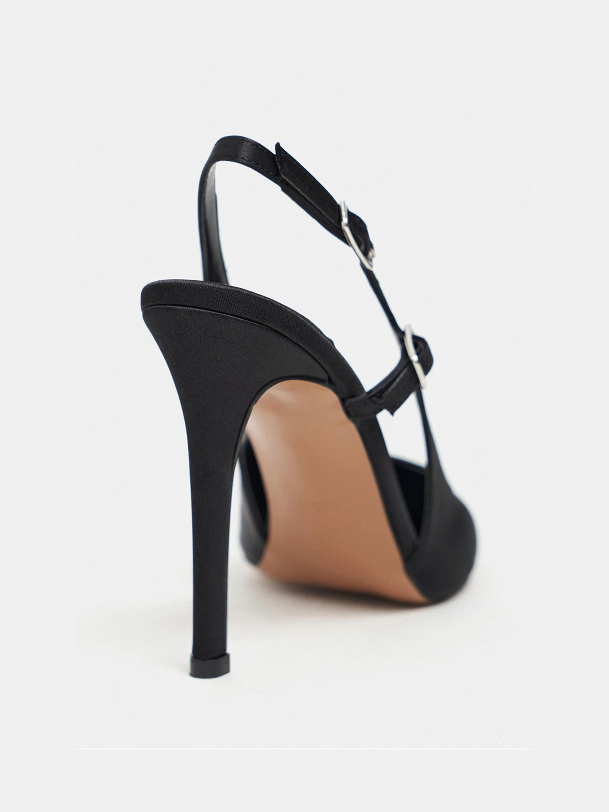 Satin Pointed-Toe Buckle Back Strap Chic High Heels - Black