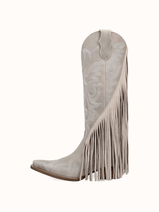 Bone Snip-Toe Faux Suede Side Fringe Embroidery Wide Calf Knee High Cowgirl Boots