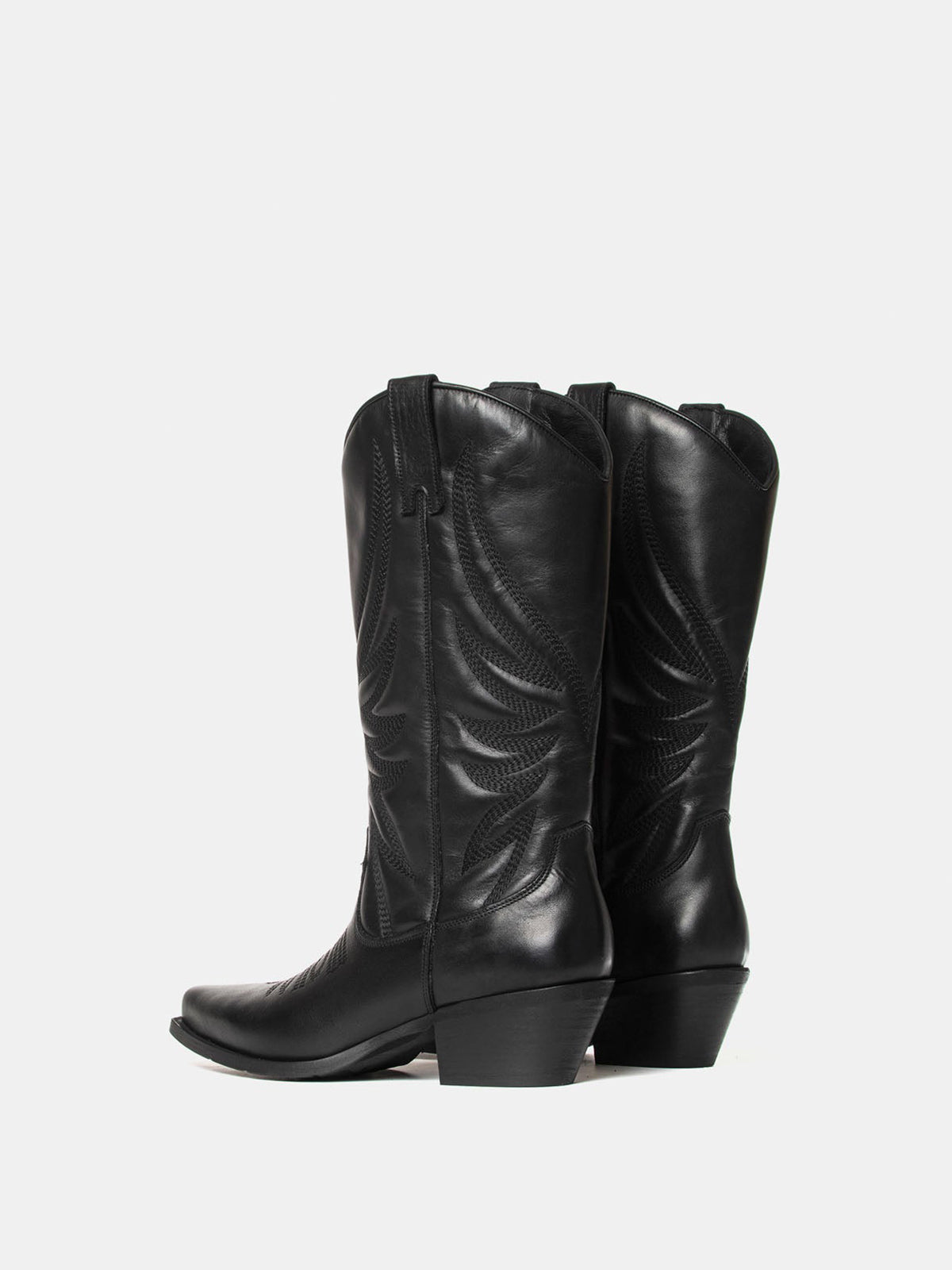 Black Snip-Toe Classic Embroidery Half-Zip Mid Calf Cowgirl Boots For Women