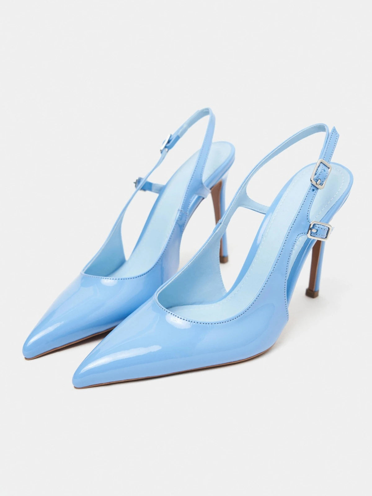 Patent Leather Pointed-Toe Buckle Back Strap Chic High Heels - Light Blue