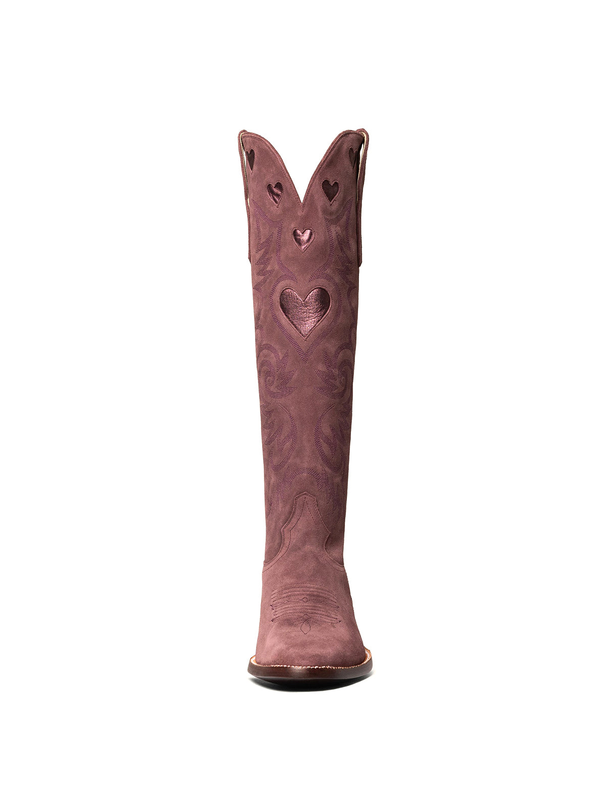 Metallic Heart Inlay Embroidery Almond-Toe Knee High Wide Calf Cowgirl Boots - Wine Red Faux Suede