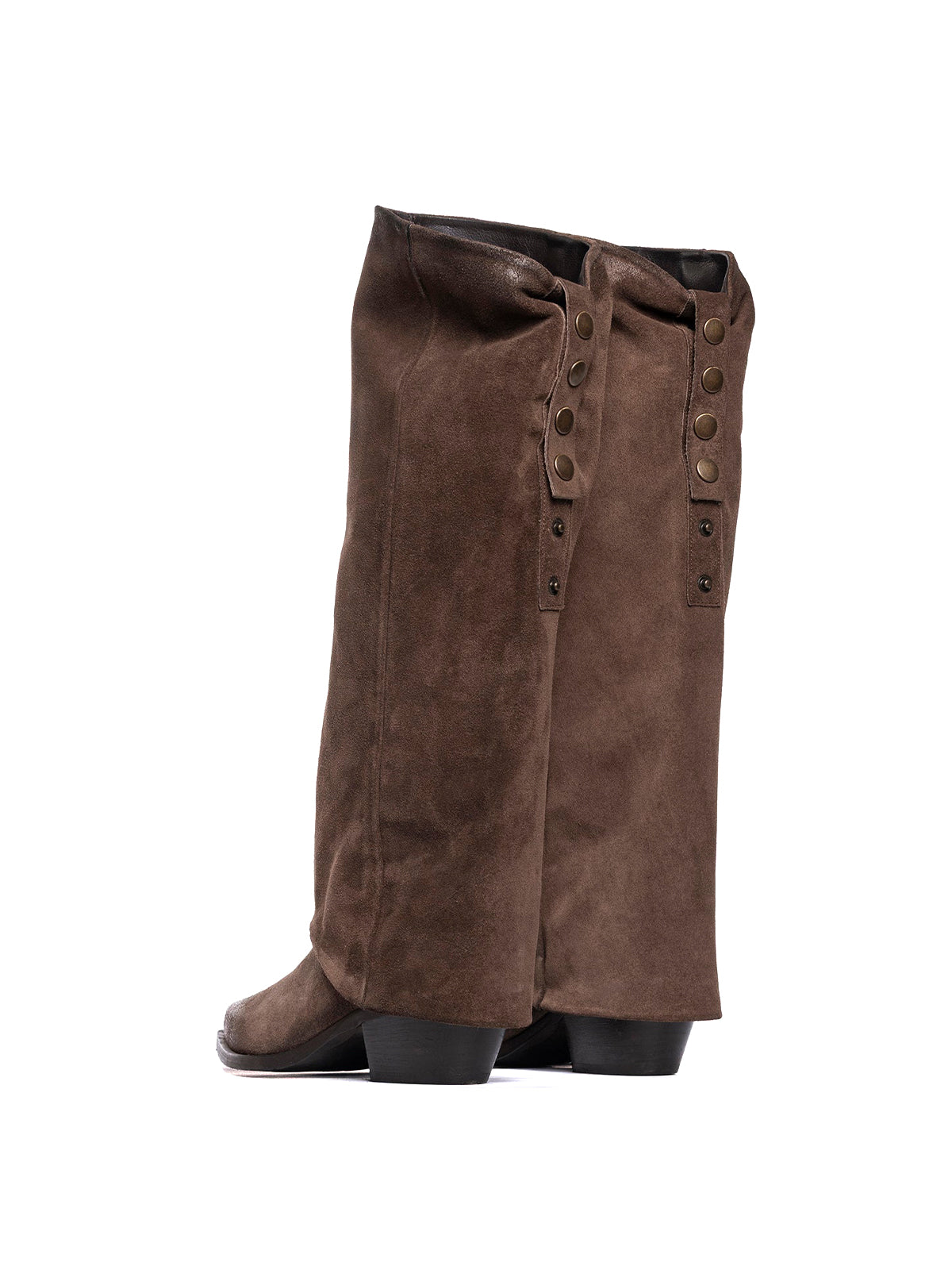 Brown Faux Suede Snip-Toe Fold-Over Back Studs Wide Calf Knee High Cowgirl Boots