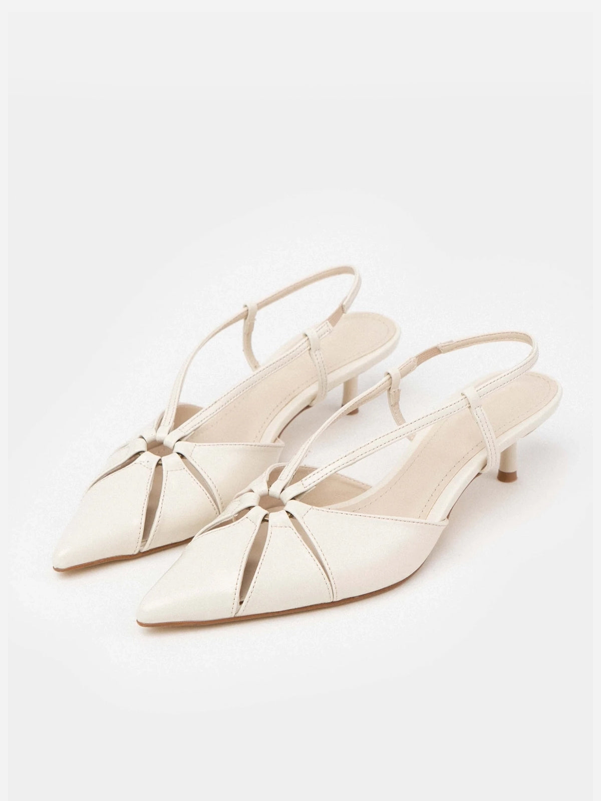 Beige Pointed-Toe Elastic Strap Slingback Kitten Heels