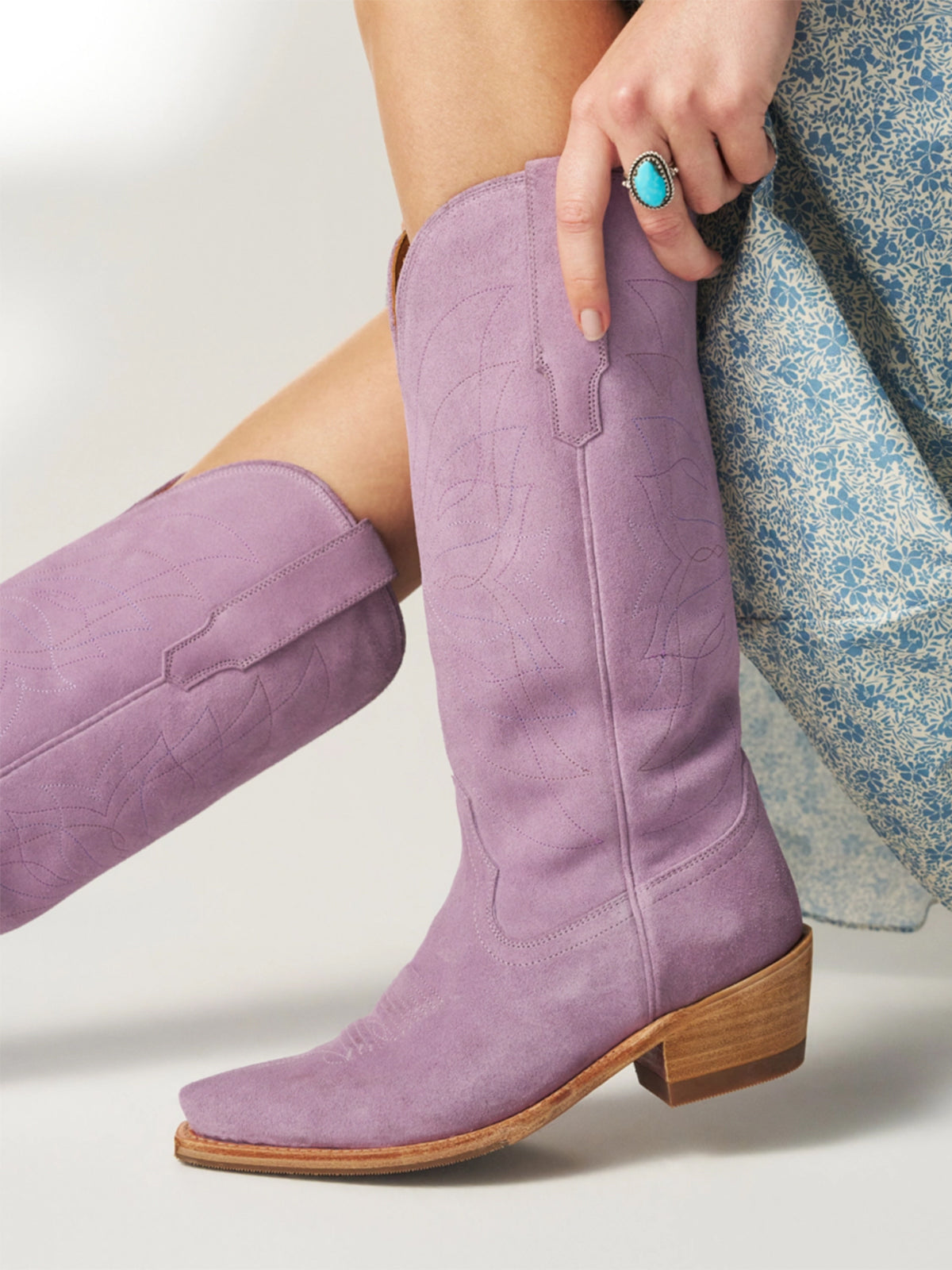 Lavender Faux Suede Snip-Toe Stitch Classic Wide Calf Knee High Cowgirl Boots