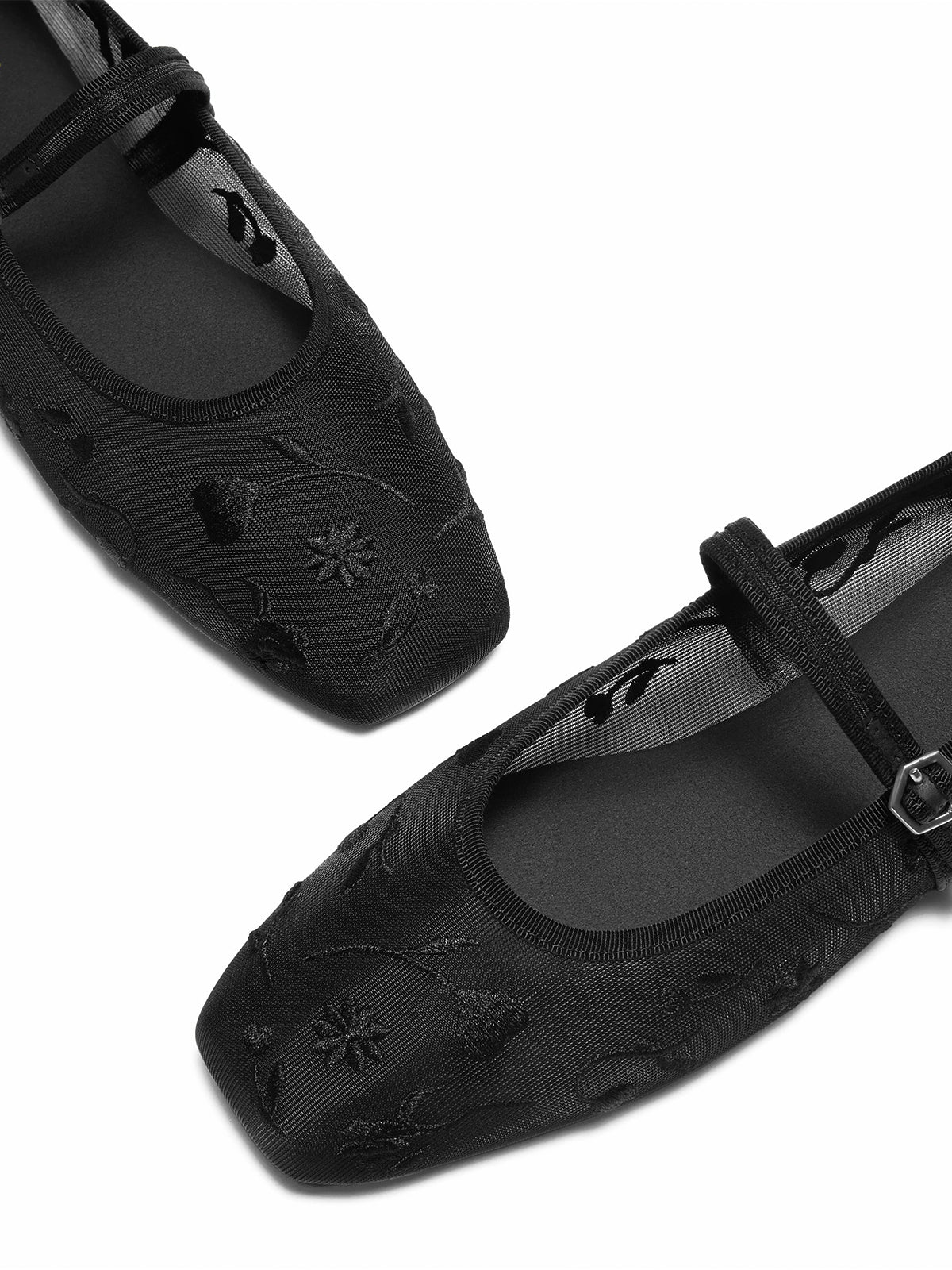Mesh And Satin Square-Toe Floral Embroidery Mary Jane Flats - Black
