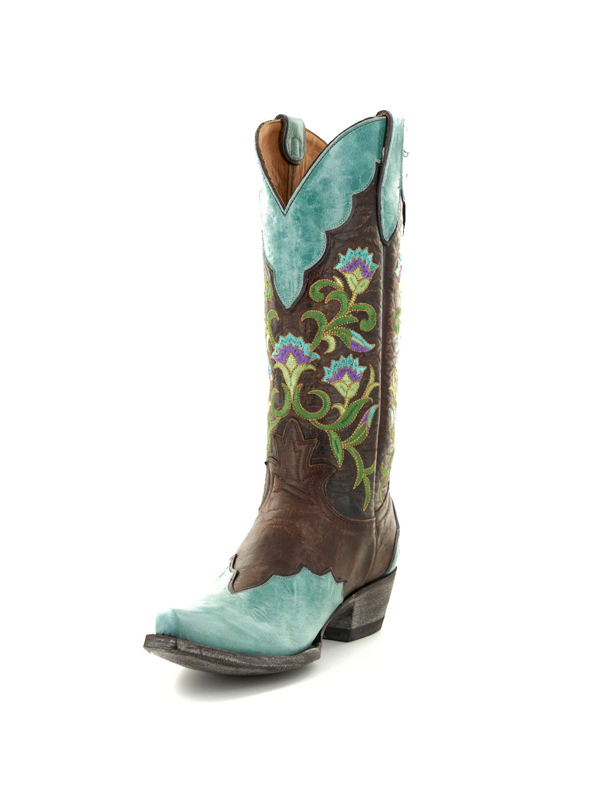 Contrast Brass And Turquoise Snip-Toe Colorful Flowers Embroidery Mid Calf Cowgirl Boots