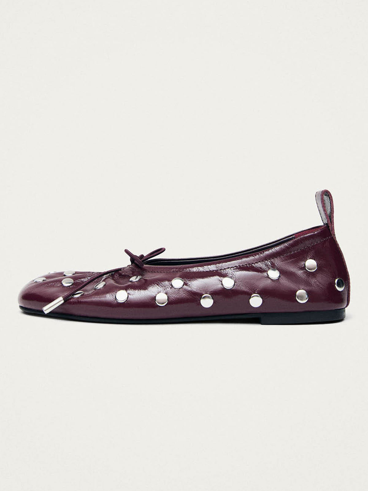 Patent Burgundy Square-Toe Full Studs And Front Bow Chic Ballet Flats