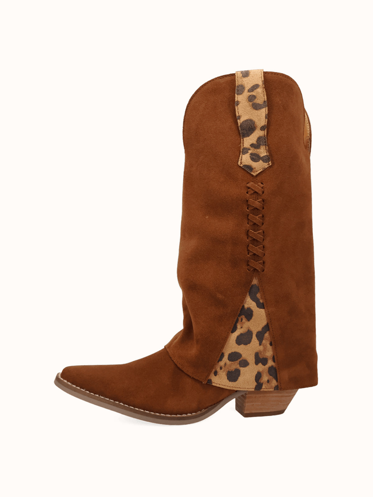 Camel Faux Suede And Leopard Pattern Faux Suede Snip-Toe Fold-Over Wide Calf Knee High Cowgirl Boots