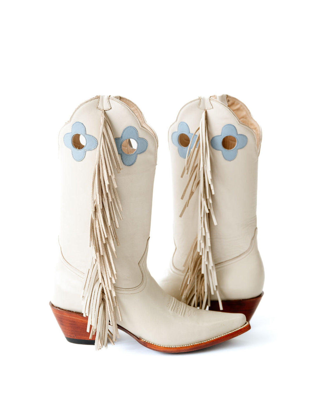Bone Pointed-Toe Side Fringes And Cutout Mid Calf Cowgirl Boots