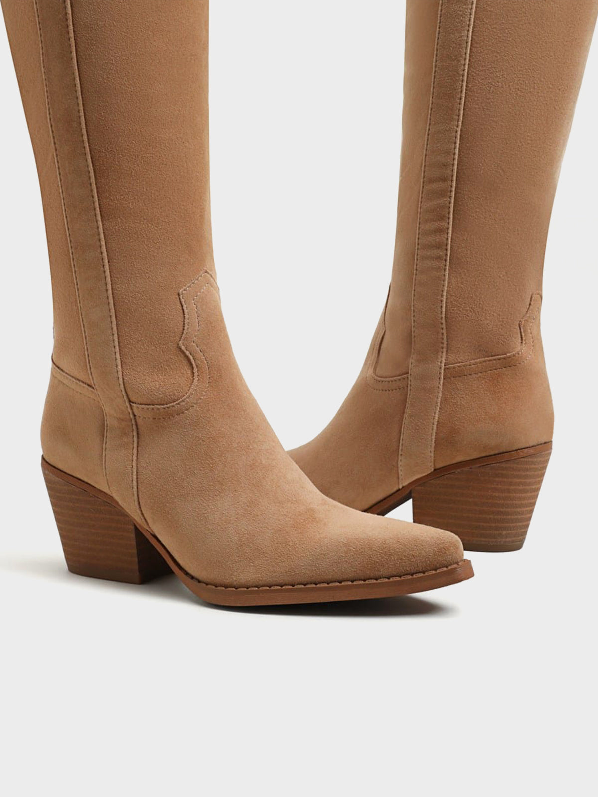 Pointed-Toe Chic Western Half-Zip Knee High Cowgirl Boots - Tan Faux Suede