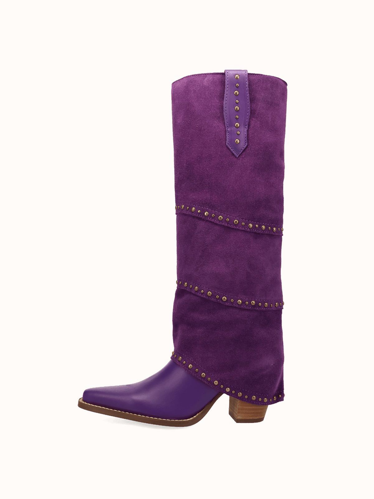 Purple Snip-Toe Faux Suede Fold-Over With Studs Wide Calf Knee High Cowgirl Boots