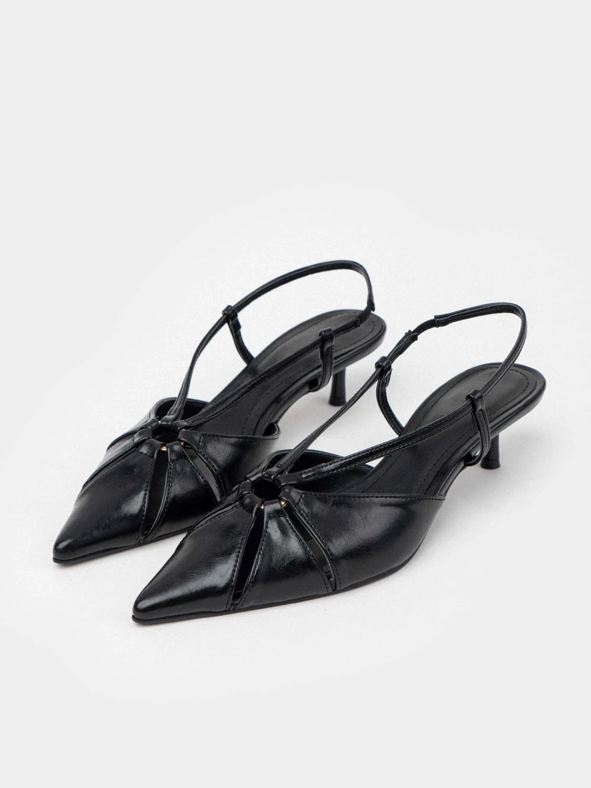 Black Pointed-Toe Elastic Strap Slingback Kitten Heels
