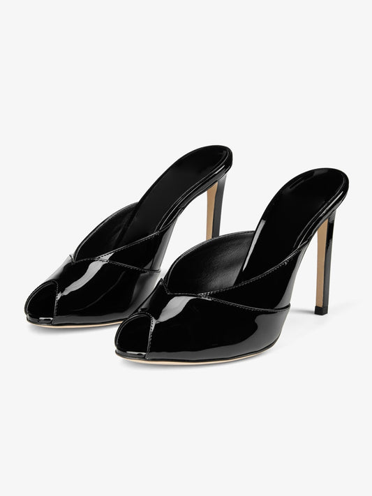 Patent Black Peep Round-Toe Slip-On Mules High Heels