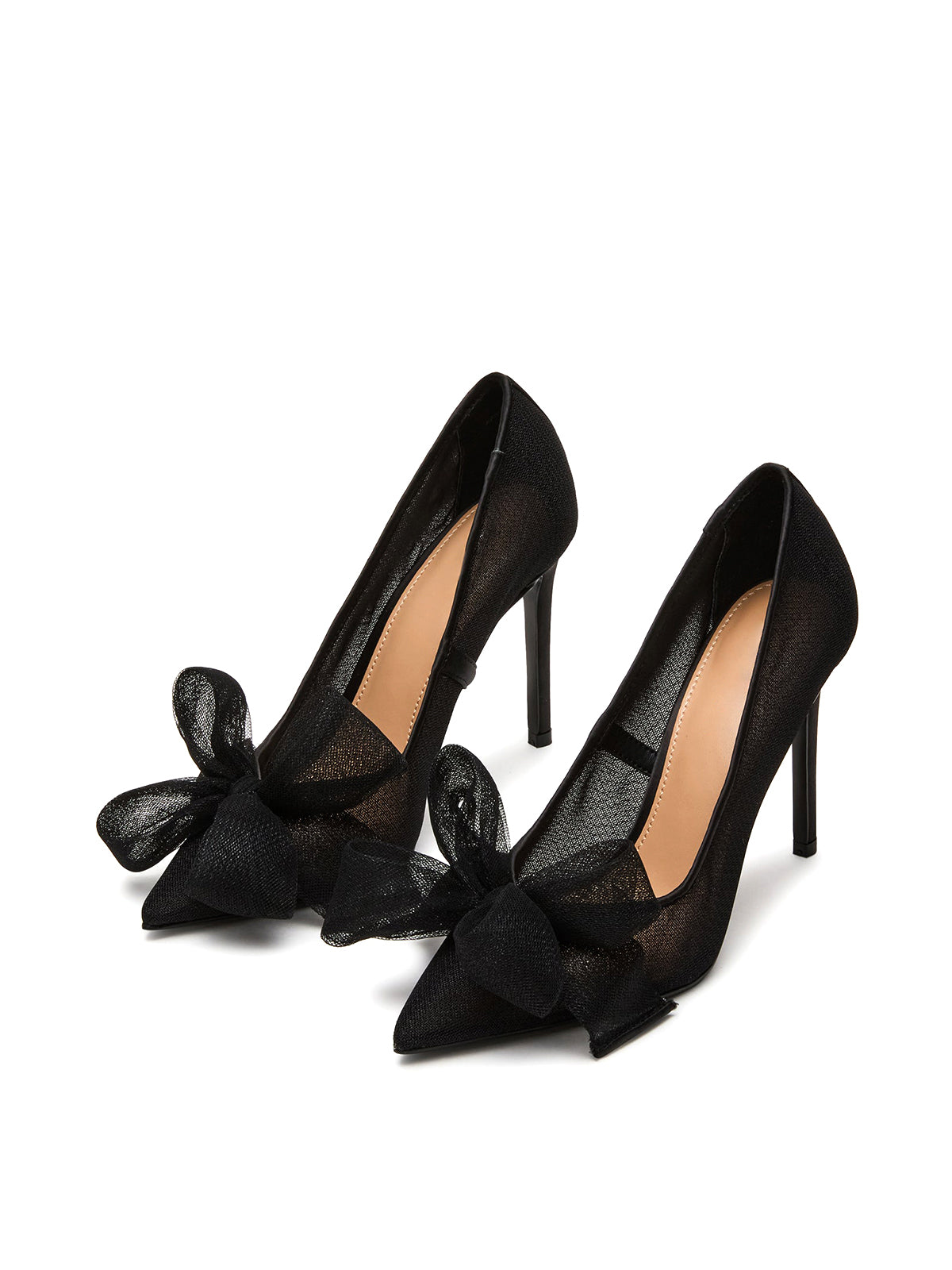 Black Satin Mesh Pointed-Toe Big Front Bow Classic High Heels