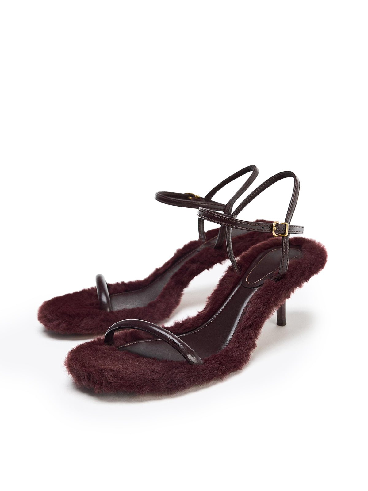 Burgundy Plush Round-Toe Front And Ankle Strap Kitten Heels