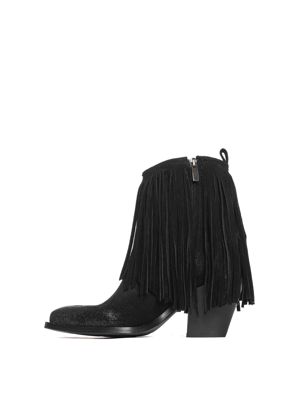 Black Faux Suede Snip-Toe Fringe Full-Zip Ankle Cowgirl Boots