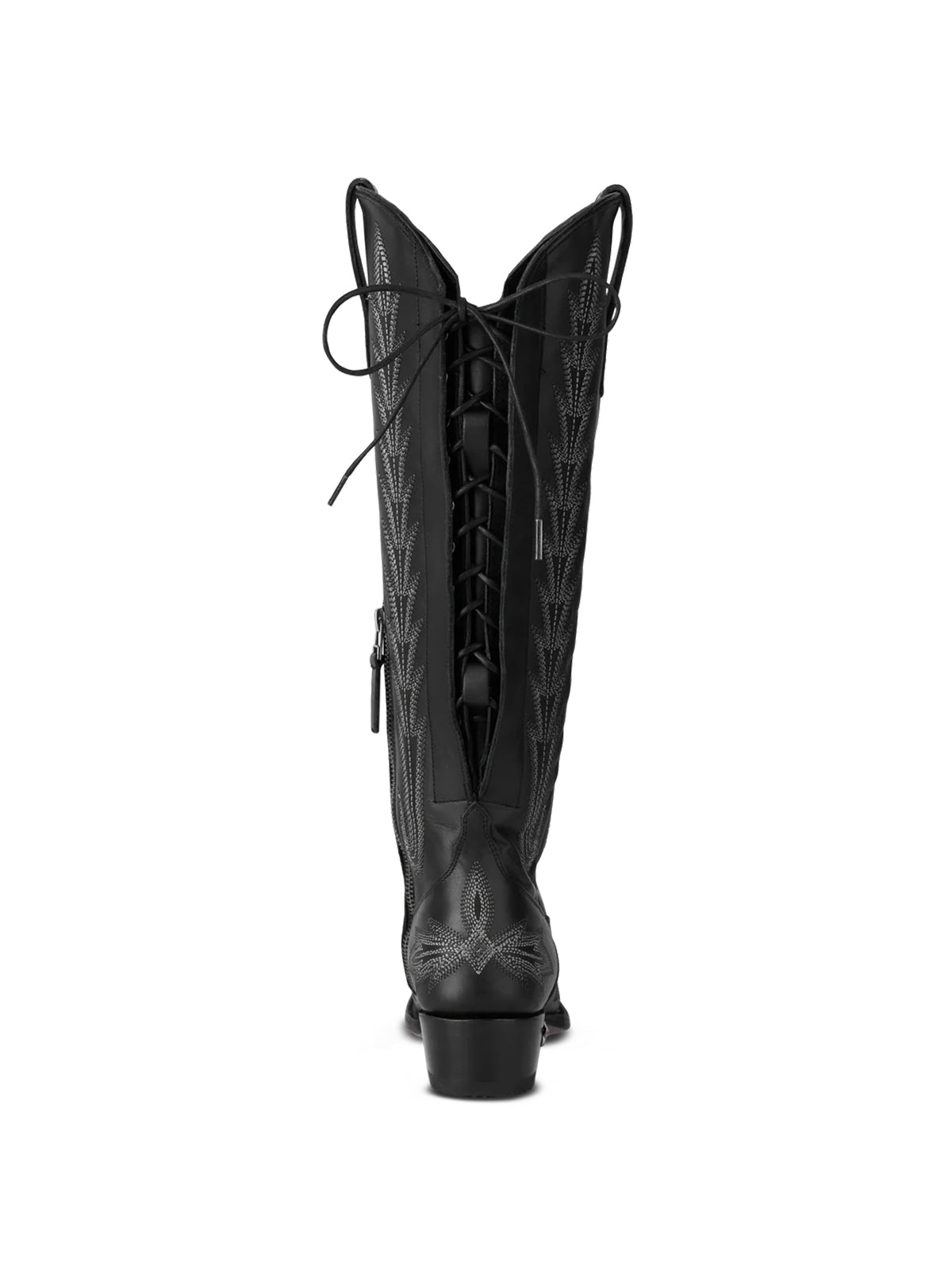 Snip-Toe Embroidery Half-Zip Back Lace-Up Knee High Cowgirl Boots - Black