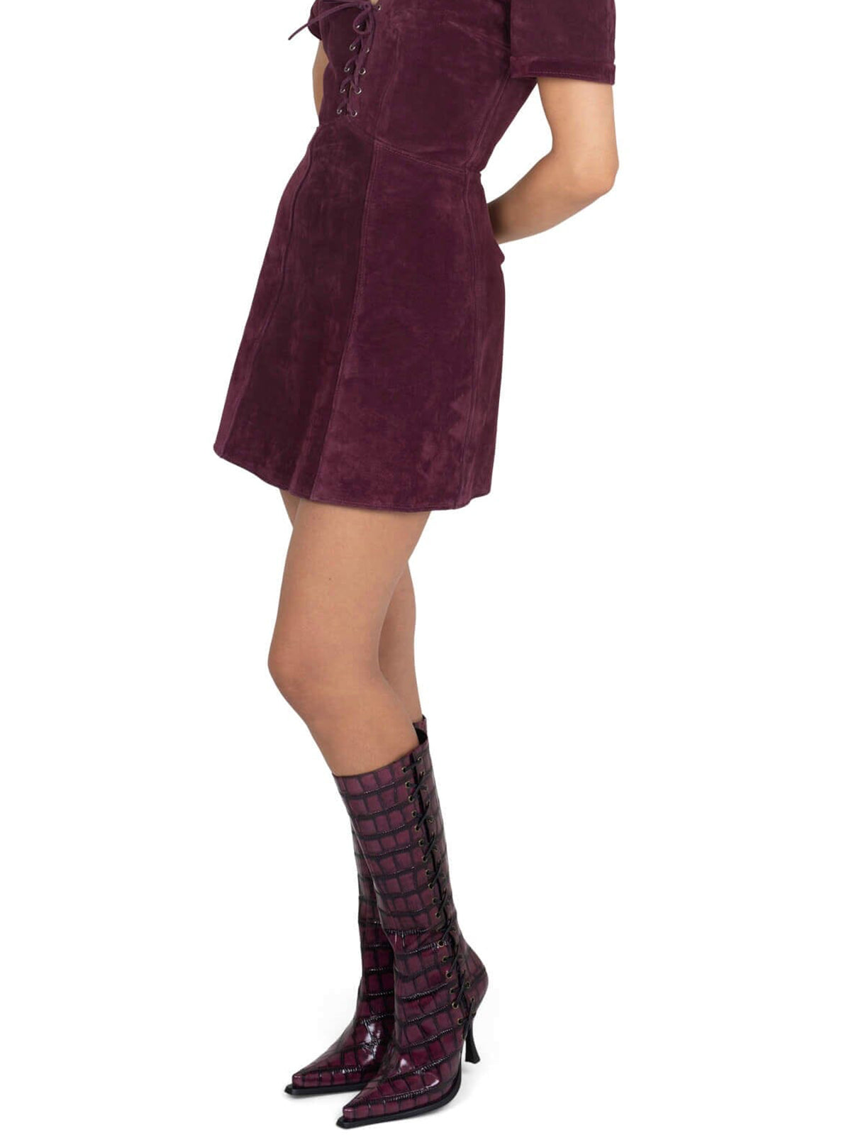 Wine Black Pointed-Toe Side Lace-Up And Full-Zip Wide Calf Knee High Stiletto Boots