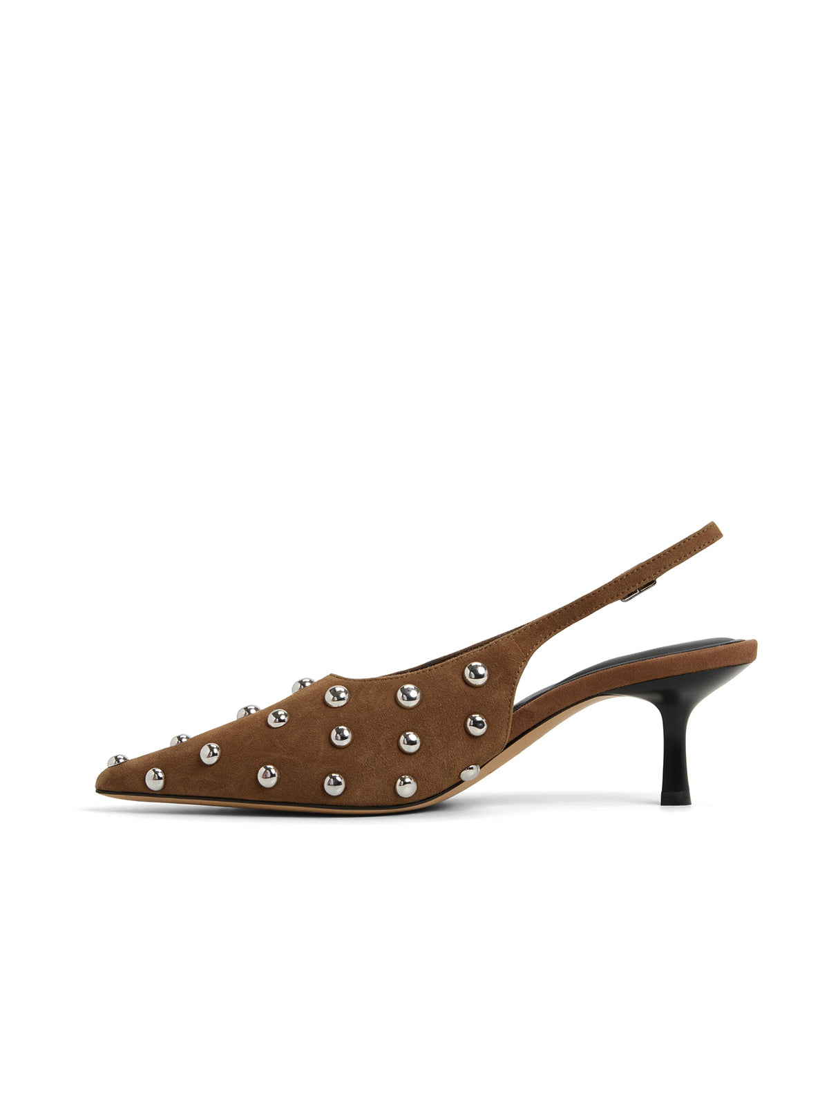 Green Faux Suede Pointed-Toe Slingback Kitten Heels With Full Studs