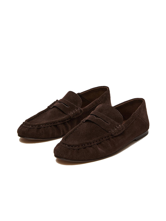 Coffee Faux Suede Round-Toe Stylish Slip-On Loafers Flats