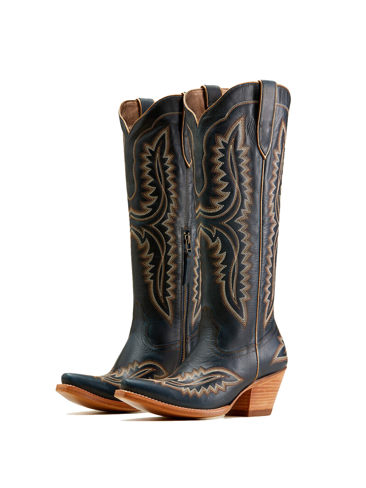 Western Embroidery Tall Snip-Toe Half-Zip Knee High Cowgirl Boots - Dark Navy