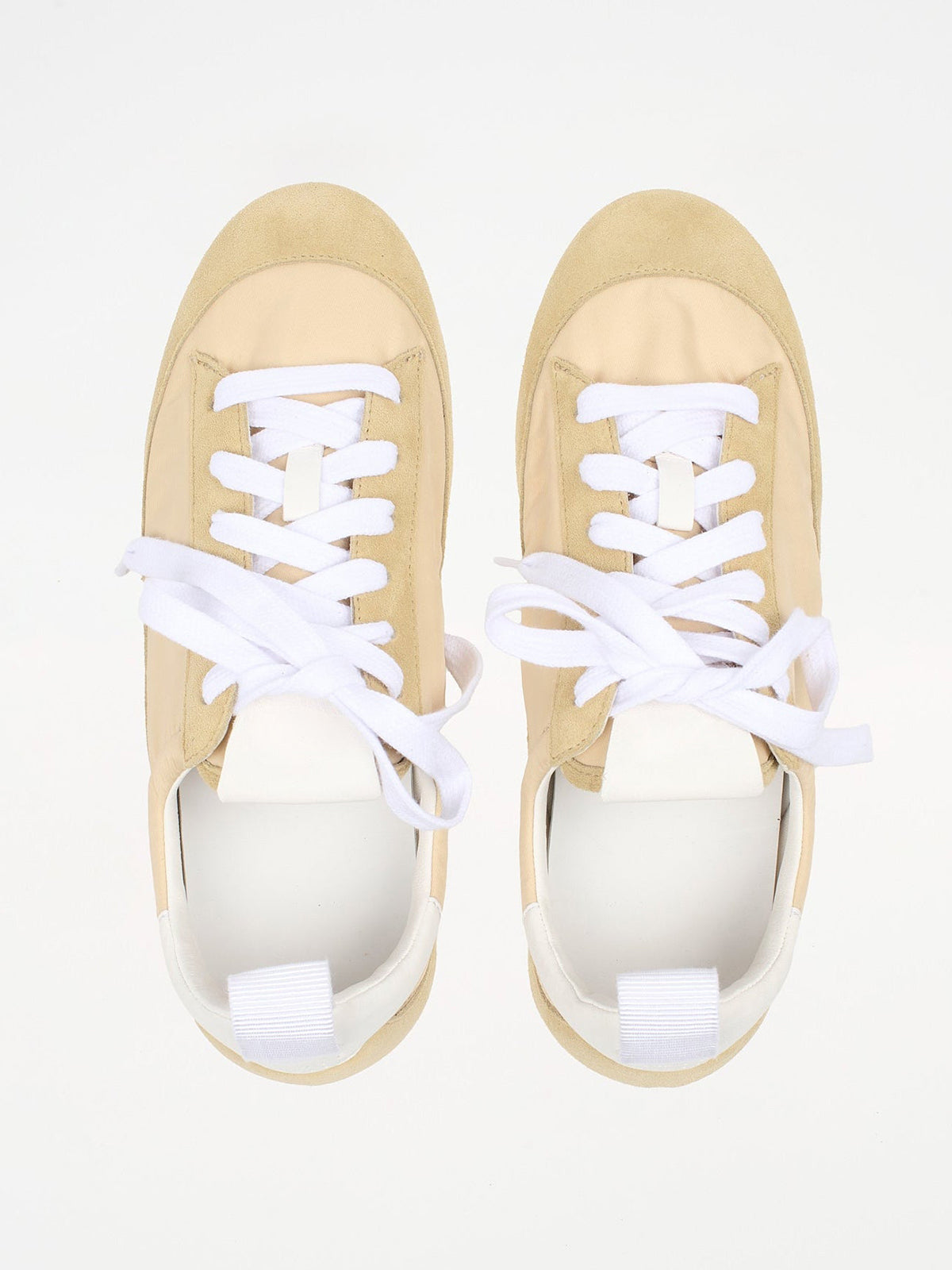 Cow Suede And Satin Round-Toe Lace-Up Chic Sneakers - Butter