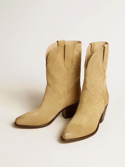 Sand Faux Suede Pointed-Toe Star Embroidery Mid Calf Classic Cowgirl Boots
