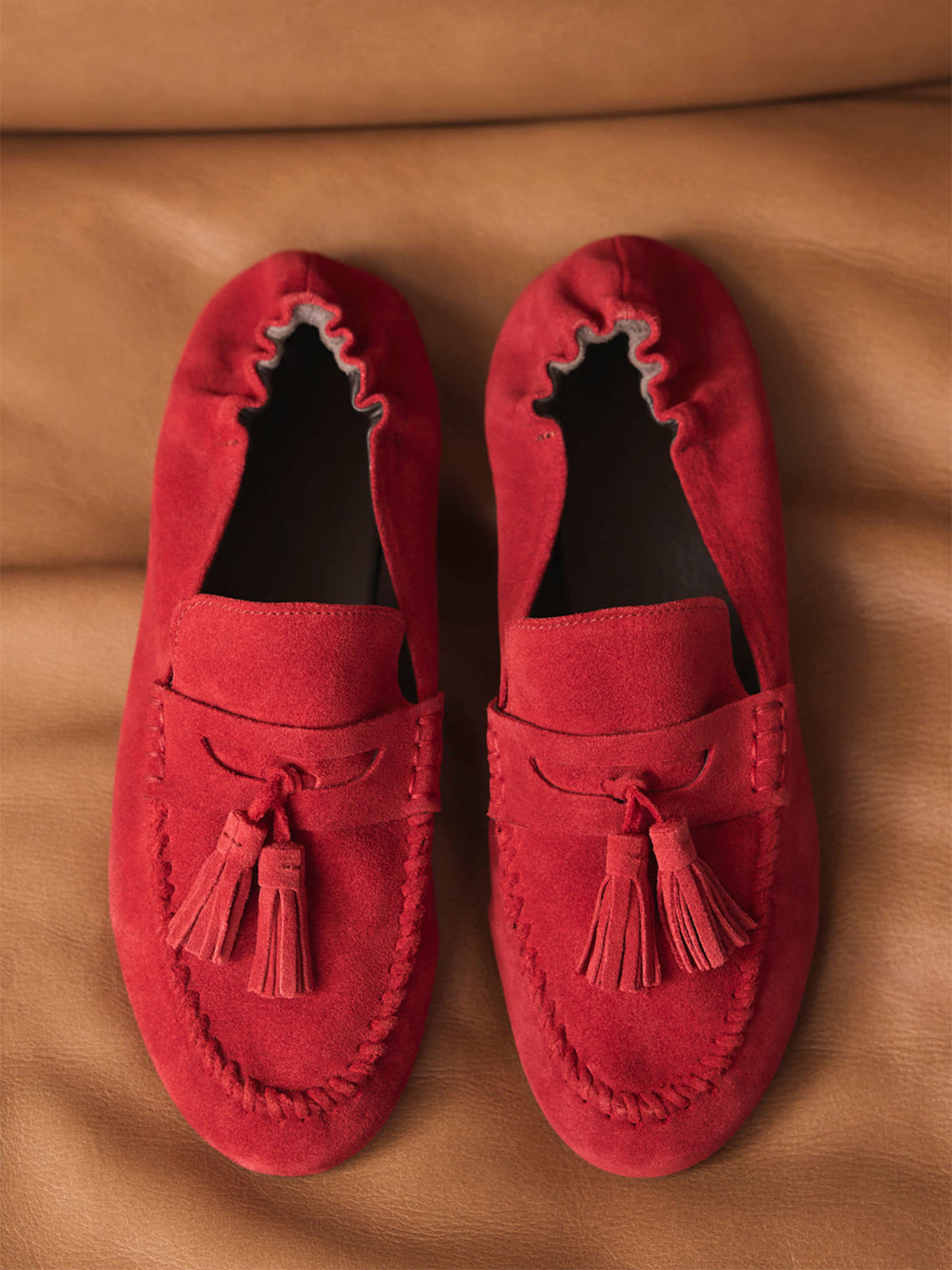 Red Cow Suede Round-Toe Front Fringe Chic Loafers Slip-On Flats