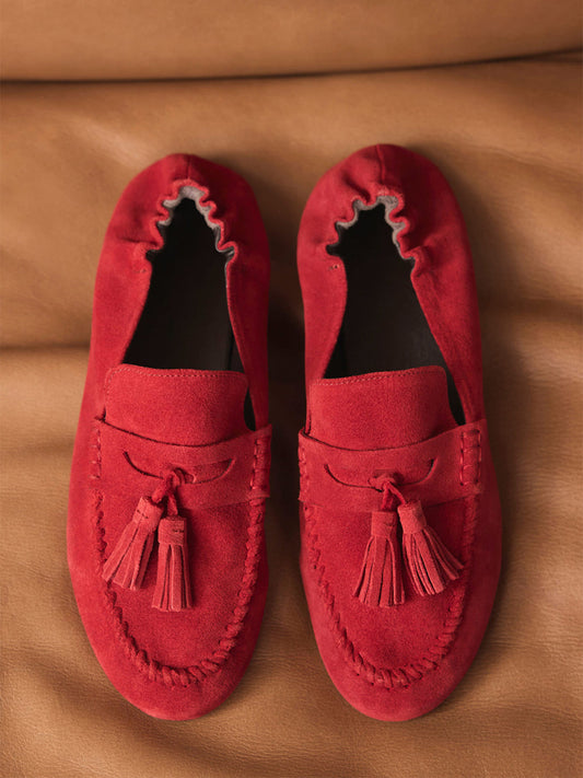 Red Cow Suede Round-Toe Front Fringe Chic Loafers Slip-On Flats