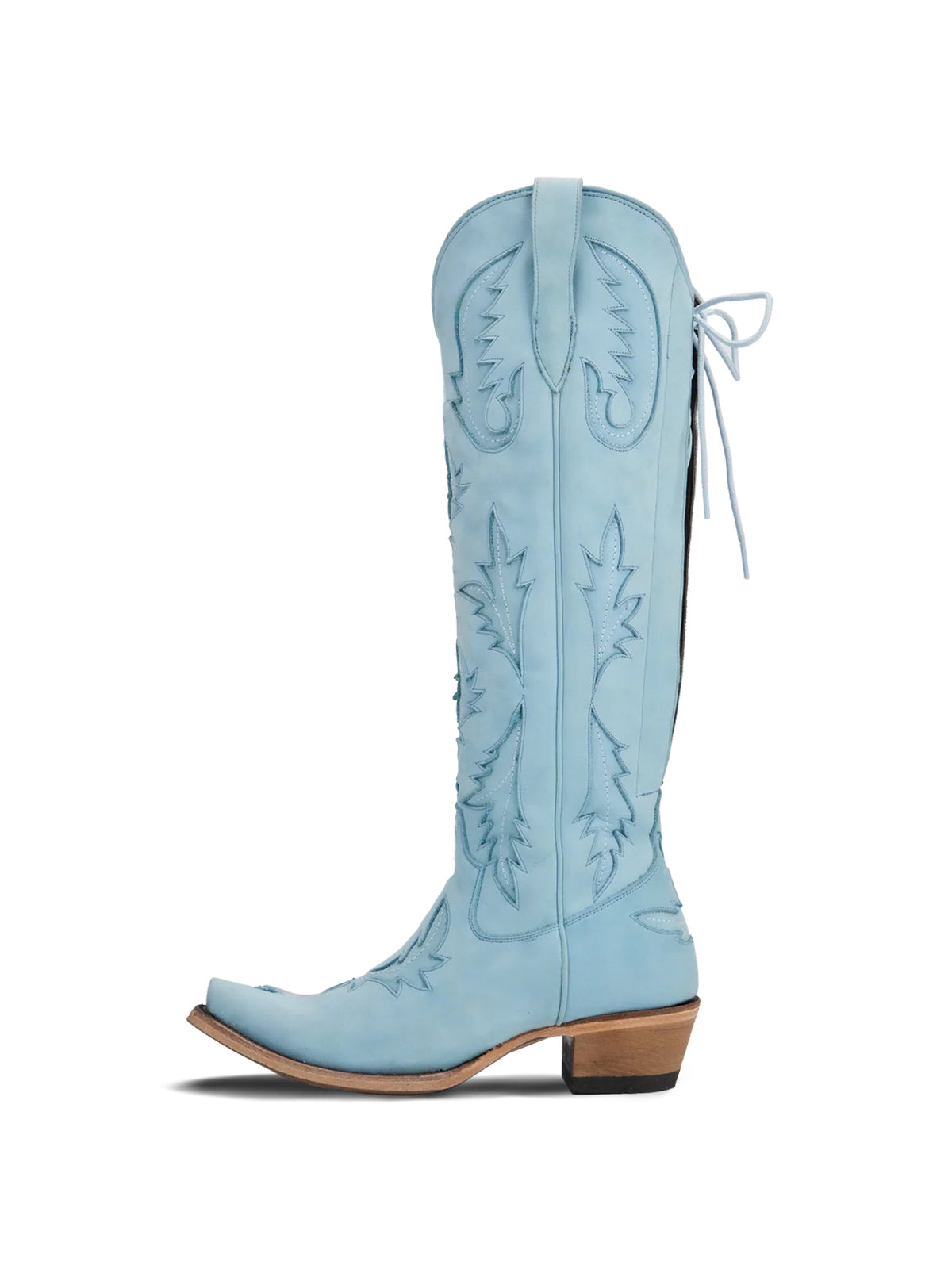 Half-Zip Snip-Toe Embroidery And Inlay Back Lace-Up Knee High Cowgirl Boots - Powder Blue