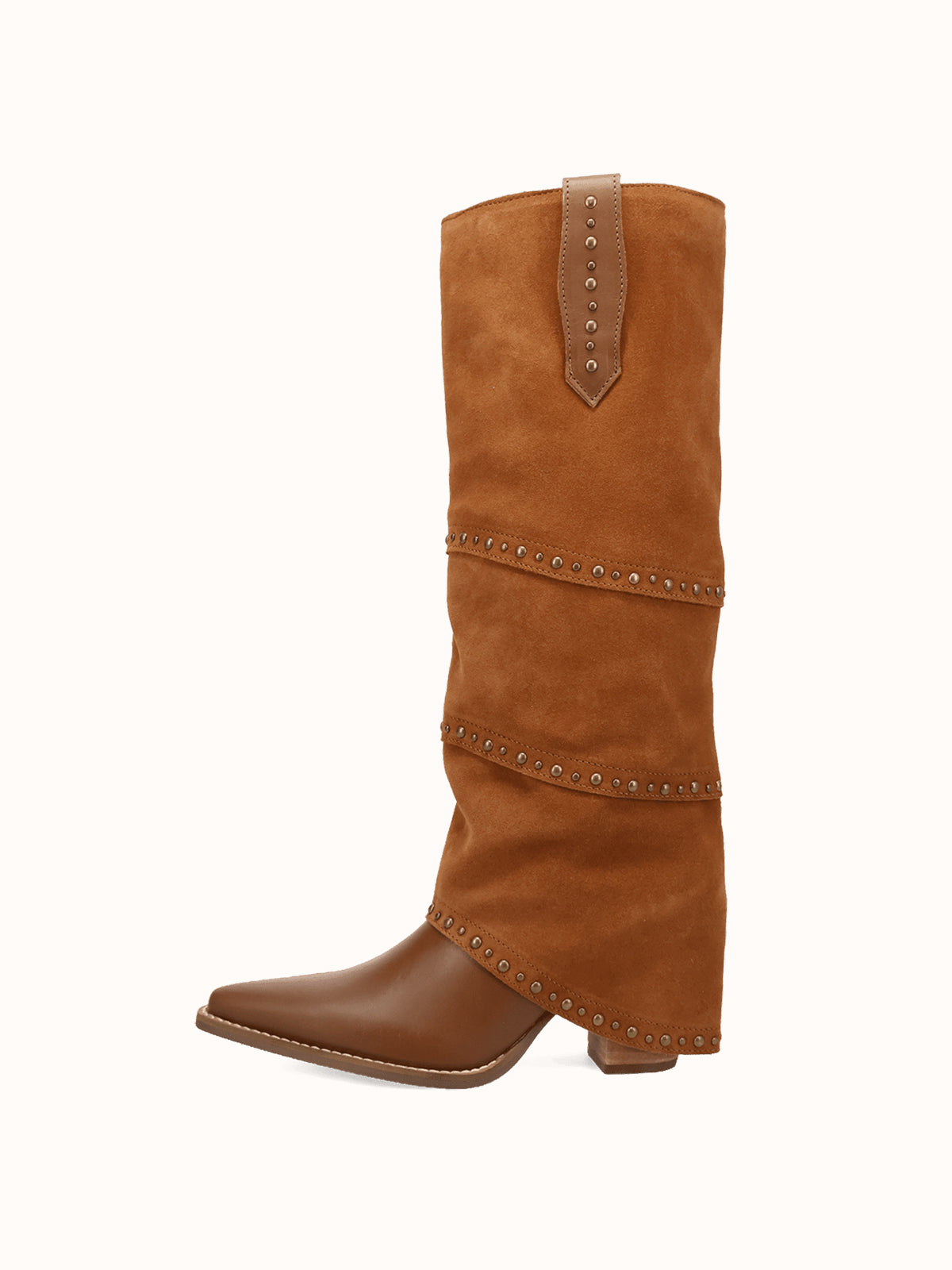 Brown Snip-Toe Faux Suede Fold-Over With Studs Wide Calf Knee High Cowgirl Boots